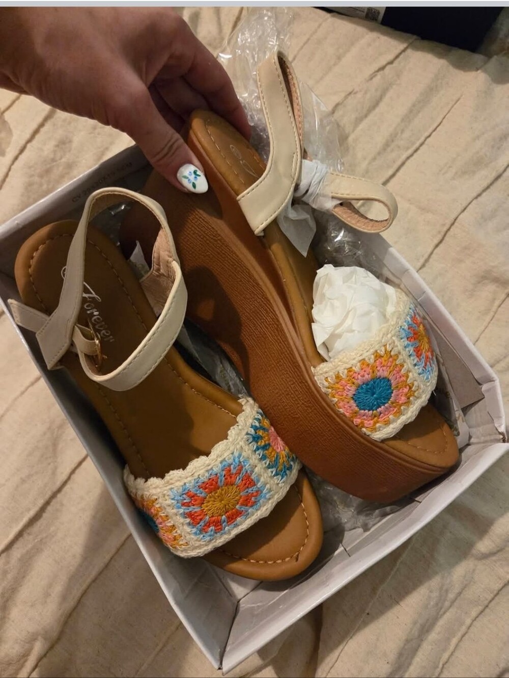 Forever Beige Crochet-Accent Wedge Sandals